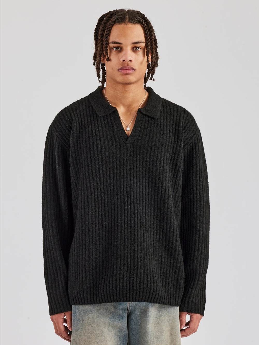 NWT Men's Black Ribbed Knit V-neck Collared Black Sweater